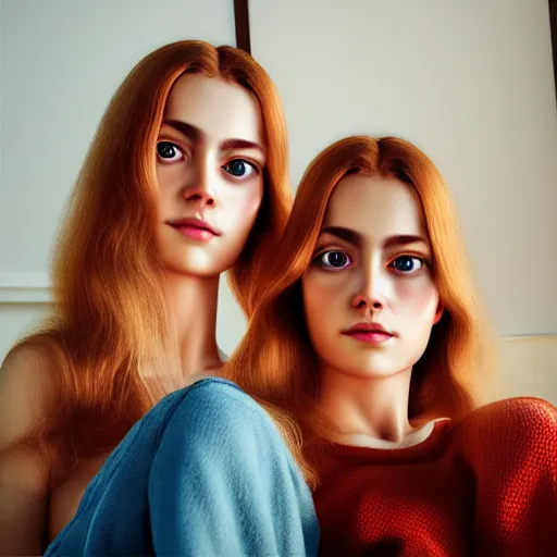 Image similar to intricate beautiful hyperreal portrait of identical twin women, smiling softly, casual clothes, relaxing on the couch, home interior, golden hour, close up shot, 8 k, art by irakli nadar, hyperrealism, hyperdetailed, ultra realistic