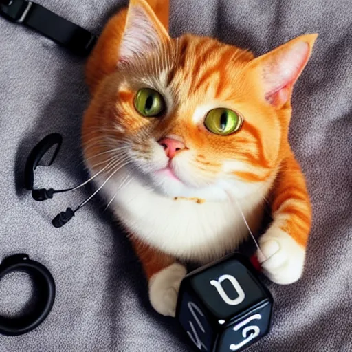 Image similar to Adorable orange tabby cat, the cat is wearing black gaming headphones, its collar has a D20 dice on it, lying on a fuzzy blanket, in a sunbeam, Pixar, cozy, golden hour