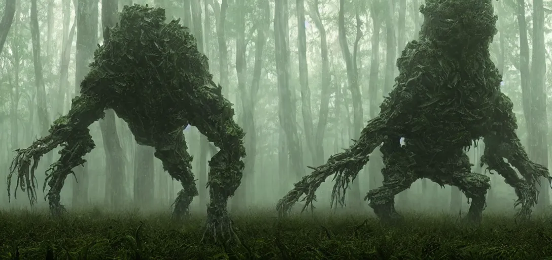 Prompt: a complex organic fractal 3 d metallic symbiotic ceramic humanoid megastructure creature in a swampy lush forest, foggy, cinematic shot, photo still from movie by denis villeneuve, wayne barlowe