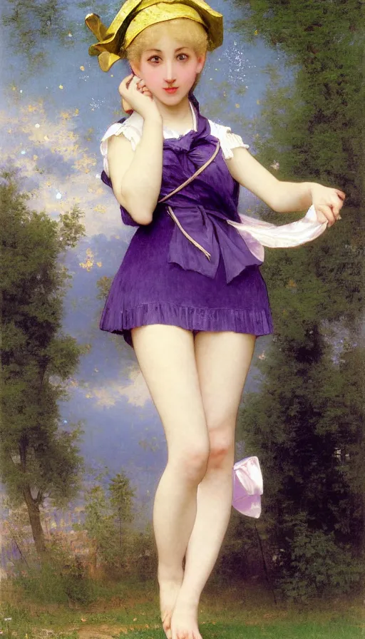 Image similar to A full body image of a cute magical girl with short blond hair wearing an oversized purple Beret, Baggy Purple overall shorts, Short Puffy pants made of silk, pointy jester shoes, a big billowy scarf, Golden Ribbon, and white leggings Covered in stars. Short Hair. Sunlit. Haute Couture. Art by william-adolphe bouguereau and Paul Delaroche and Alexandre Cabanel and Lawrence Alma-Tadema and Johannes Helgeson and WLOP. Smooth. Elegant. Highly Detailed. Intricate. Surrounded by clouds. 4K. UHD. Denoise.