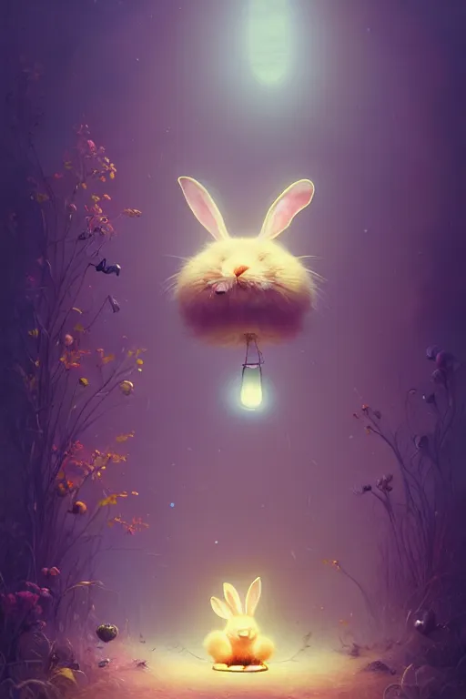 Image similar to a surreal Bioluminescent, very very very cute bunny in a happy world by Daniel Merriam, Trending on Artstation, oil on Canvas by Elena Zhurikhina and Goro Fujita and Charlie Bowater, octane render, 4k, 8k, HD