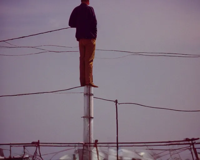 Image similar to lomo photo of man standing on the roof of soviet hrushevka, small town, cinestill, bokeh, out of focus