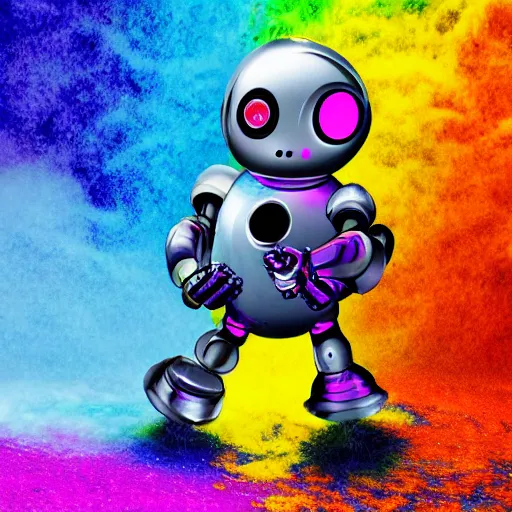 Image similar to a cute little robot at a centered explosion of colorful powder on background by maxvanzwerg