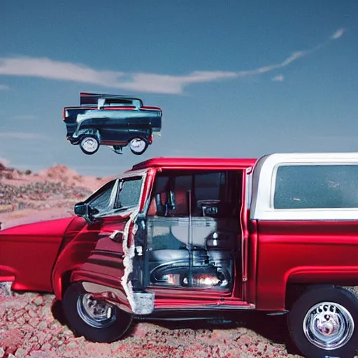 Prompt: 3 5 mm photo of metallic red suburban car like hot wheels model in area 5 1 as background, epic cinematic