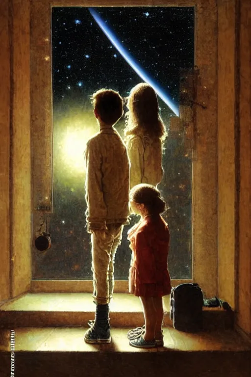 Image similar to a 1 2 year old boy and 1 0 year old girl looking at a wall and viewing the universe full of galaxies, part by norman rockwell, part by greg rutkowski, part by mattias adolfsson, high angle, ( ( ( ( volumetric lighting ) ) ) ), oil on canvas