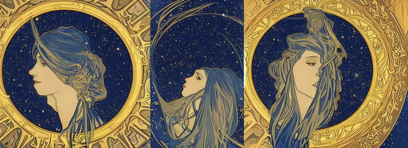 Image similar to night, awardwinning portrait photography, inspired by alphonse mucha, symmetrical cloaked figure face, background with ultramarine blue and gold astronomical star constellations and watch gears, moon and candle