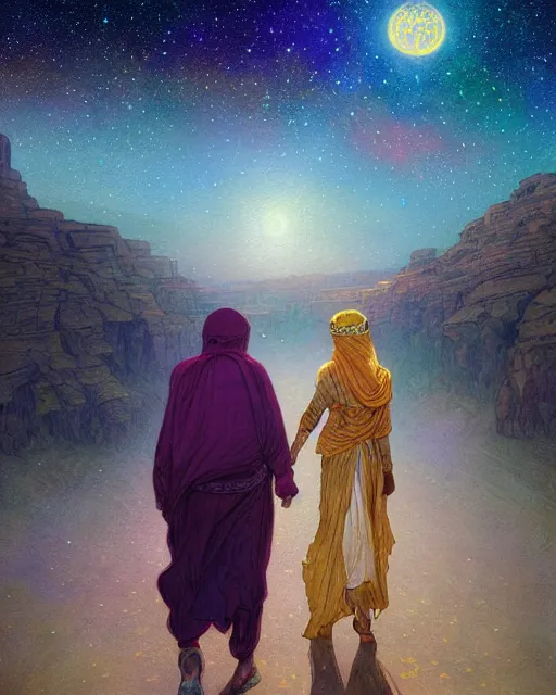 Image similar to bedouin man and woman and child in galaxy walking towards mosque surrounded by nebula, highly detailed, gold filigree, romantic storybook fantasy, soft cinematic lighting, award, disney concept art watercolor illustration by mandy jurgens and alphonse mucha and alena aenami, pastel color palette, featured on artstation