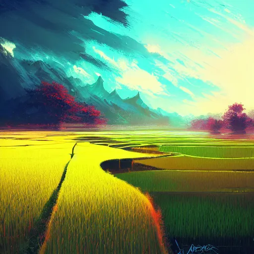 Image similar to beautiful scenery of a ricefield, by anato finnstark, by alena aenami, by john harris, by ross tran, by wlop, by andreas rocha