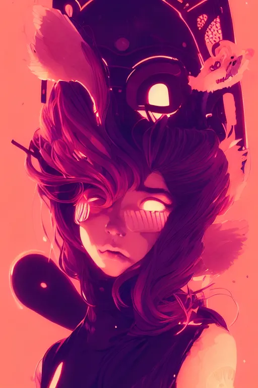 Prompt: techno music - wave highly detailed portrait female in edm club, with kitsune mask, long red hair, by atey ghailan, by greg rutkowski, by greg tocchini, by james gilleard, by joe fenton, by kaethe butcher, dynamic lighting, gradient light blue, brown, blonde cream and white color scheme, grunge aesthetic