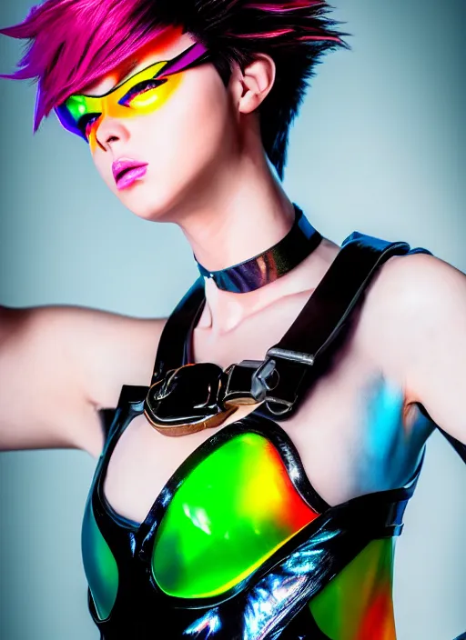 Prompt: realistic photo portrait of tracer overwatch, confident pose, wearing black iridescent rainbow latex, rainbow, neon, 4 k, expressive surprised expression, makeup, wearing detailed black leather collar, wearing sleek armor, studio lighting, black leather harness, expressive detailed face and eyes,