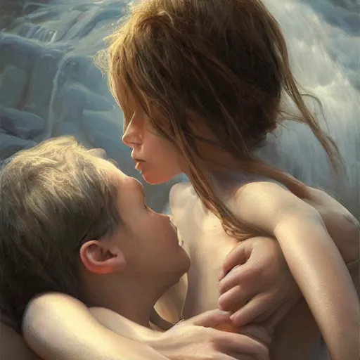 Image similar to epic masterpiece of cinematographic hyperrealism where a heart of love appears inside the heart there is a mother hugging her son. realistic shaded lighting poster by craig mallismo, artgerm, jeremy lipkin and michael garmash, unreal engine, radiant light, detailed and intricate environment, digital art, art station trends