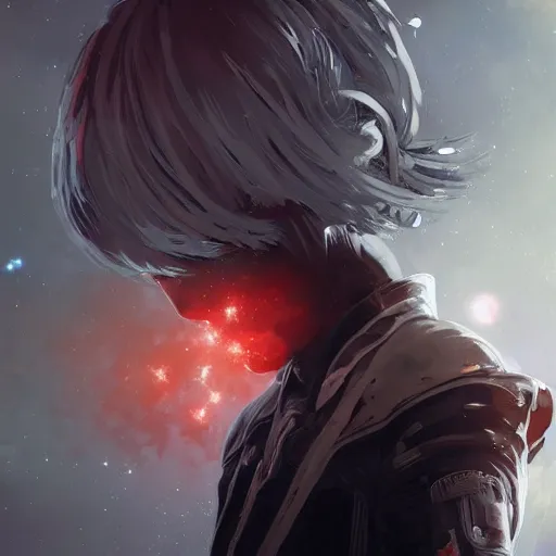 Prompt: highly detailed portrait of a sorrowful young astronaut with a wavy blonde hair, by Dustin Nguyen, Akihiko Yoshida, Greg Tocchini, Greg Rutkowski, Cliff Chiang, 4k resolution, nier:automata inspired, bravely default inspired, vibrant but dreary red, black and white color scheme!!! ((Space nebula background))