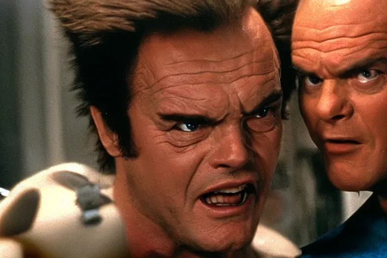 Image similar to Jack Nicholson plays Pikachu Terminator, scene where his inner endskeleton is visible and his eye glows red, still from the film