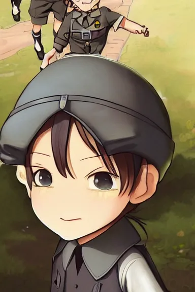 Image similar to beautiful little boy in nazi male uniform. made in abyss art style, sharps focus, pose, cute detailed artwork, anatomically correct, ilya kuvshinov, reflection, perfect composition, mobile wallpaper, digital art, detailed anime soft face, symmetrical face, western anime, illustration, realistic, smooth, nazi chic, lois van baarle, soft details