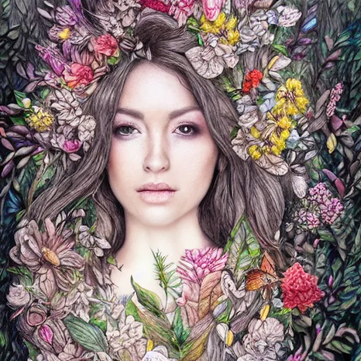 Image similar to a detailed pencil drawing of a beautiful woman clothed in flowers and leaves standing in an enchanted forest, high fantasy, elegant, epic, detailed, intricate, watercolor, concept art, realistic detailed face, smooth, focus, rim light, detailed 8 5 mm f / 1. 4, anamorphic lens