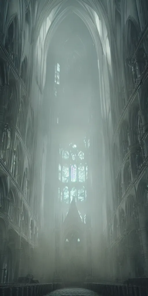 Prompt: epic cathedral!!!!!!!!!! interior!!! god-rays artstation atmospheric concept art cinematic digital fantasy gothic tall architecture haze!!! hazy smoke octane mood monks!!!