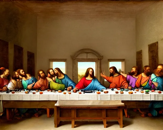 Prompt: beautiful glorious realistic oil painting of the last supper, baroque style by rembrandt, highly detailed and photorealistic, 8 k high detail and intricate