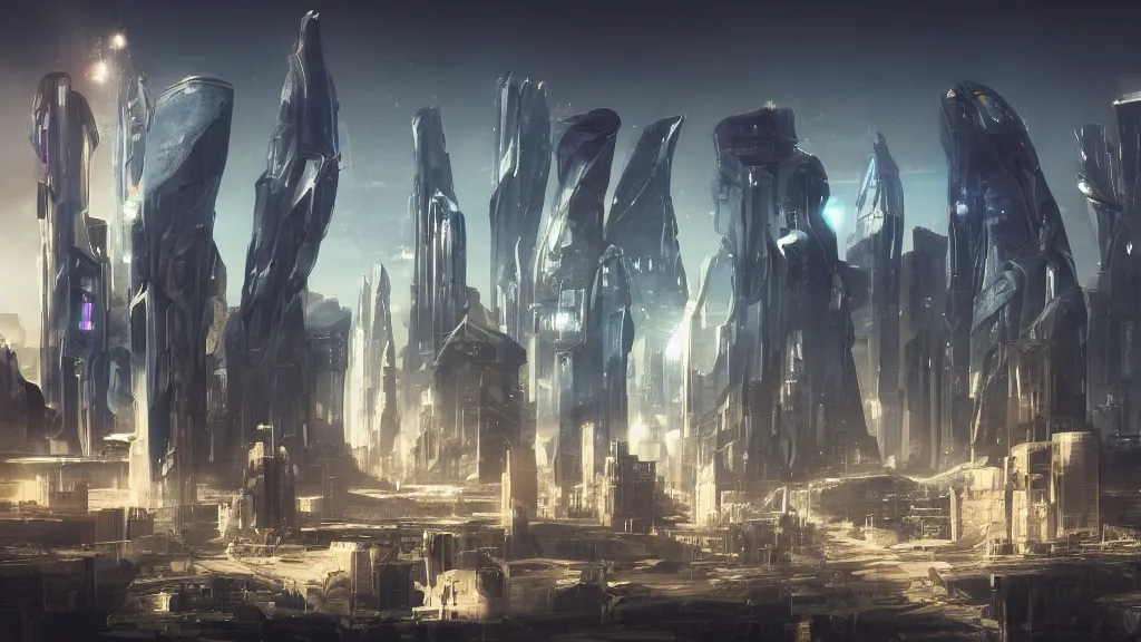 Prompt: The futuristic sci-fi city has tall brutalist architecture buildings, some giant spaceships are flying over the city, the background has a detailed heavenly and iridescent light from nebulas, panoramic view, cyberpunk, matte painting, concept art, dramatic lighting, golden hour, 4k, 8k, trending on Artstation, realistic
