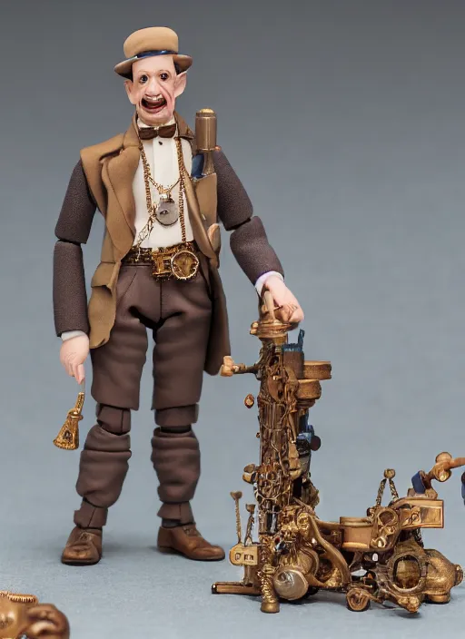 Image similar to product photography of a claymation action figure steampunk steve buscemi, depth of field, zeiss lens, detailed, centered, by erwin olaf, joop geesink, wes anderson, breathtaking, 8 k resolution, extremely detailed, beautiful, establishing shot, realistic materials, hyperrealistic