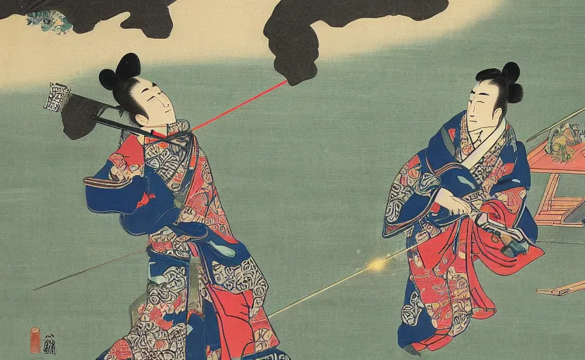 Image similar to a Japanese painting of the emperor of Japan shooting a laser gun