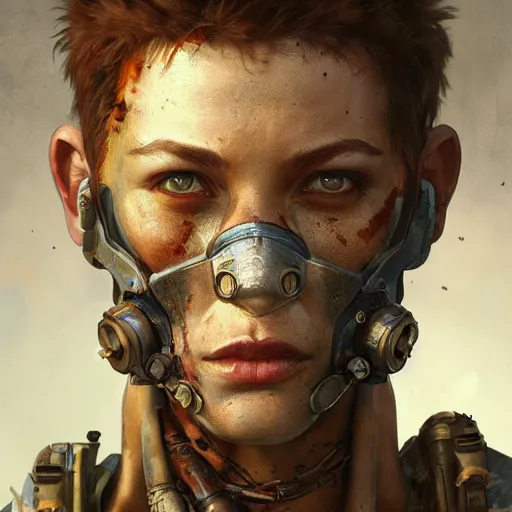 Prompt: portrait painting of a post apocalyptic human, ultra realistic, concept art, intricate details, eerie, highly detailed, fallout, wasteland, photorealistic, octane render, 8 k, unreal engine 5. art by artgerm and greg rutkowski and alphonse mucha
