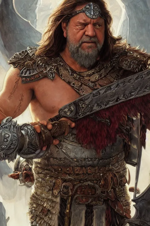 Prompt: ultra realistic illustration, russell crowe as a barbarian warrior from baldurs gate and diablo, intricate from baldurs gate, elegant, highly detailed, digital painting, artstation, concept art, smooth, sharp focus, illustration, art by artgerm and greg rutkowski and alphonse mucha