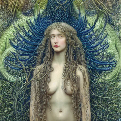 Prompt: detailed realistic beautiful andromeda medusa by jean delville, gustave dore, iris van herpen and marco mazzoni, art forms of nature by ernst haeckel, art nouveau, symbolist, visionary, gothic, neogothic, pre - raphaelite, fractal lace, intricate alien botanicals, ai biodiversity, surreality, hyperdetailed ultrasharp octane render