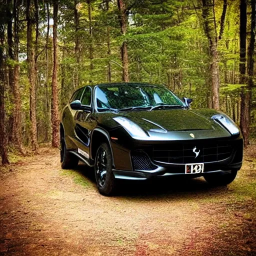 Prompt: “black ferrari suv offroading in a forest”