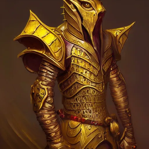Prompt: golden dragonborn, thick golden scales on hands and legs, platnum colored abdomen and neck wearing a metal gorget, a character portrait by mandy jurgens, dungeons and dragons character, cgsociety, medieval fantasy art, artstation hd, detailed painting, official art