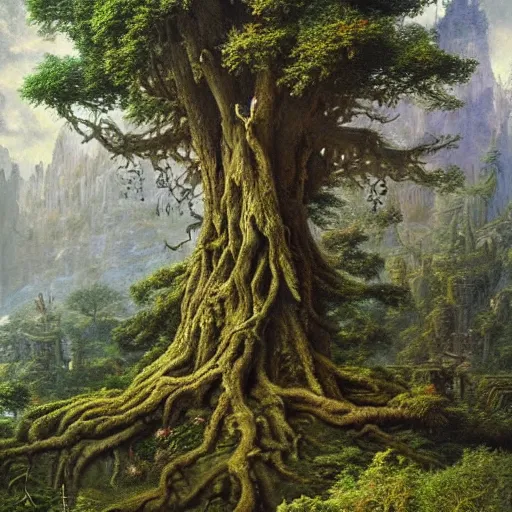 Image similar to a beautiful and highly detailed matte painting of a giant tree in a magical garden in lush forest in the valley of dreams, intricate details, epic scale, insanely complex, 8 k, sharp focus, hyperrealism, very realistic, by caspar friedrich, james gurney, brian froud,