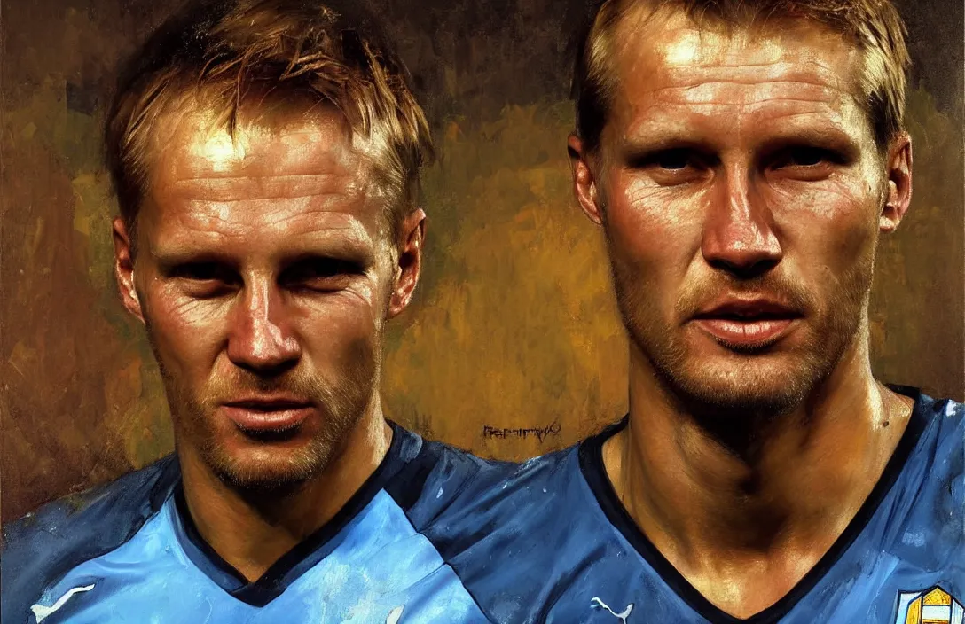 Image similar to portrait of erling haaland manchester city!!!!!!!!!!!!!!!!!!!!!!!!!!!, detailed face, detailed painting, epic lighting, by ilya repin, phil hale and kent williams