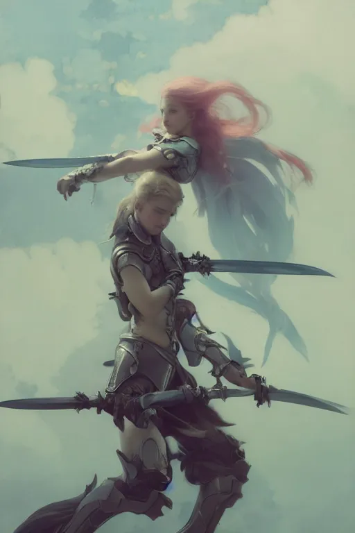 Image similar to girl with armor fighting with ten sword flying around her by hsiao ron cheng, by gaston bussiere, anna nikonova aka newmilky, greg rutkowski, yoji shinkawa, yoshitaka amano, trending on artstation, featured on pixiv, cinematic composition, 8 k