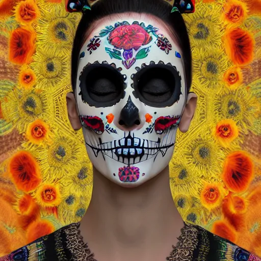 Image similar to lady, mid - waist self - portrait, perfect symmetry, intricate, dia de los muertos, skulls and flowers mask, aztec ultra detailed feathered dress 4 k resolution, octane rendering, ultra realistic, photo realism, beeple, 2 0 mm