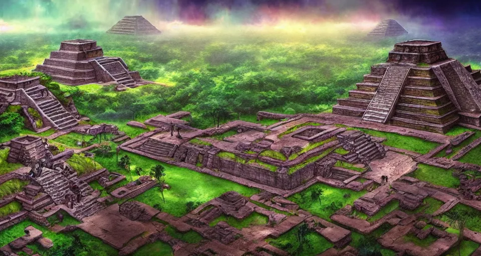 Image similar to ancient mayan civilization, huge mayan city with mayan pyramids in a landscape with waterfalls and stunning light and cheerful colors, epic composition, cinematic lighting, masterpiece, trending on artstation, very very detailed, masterpiece, stunning