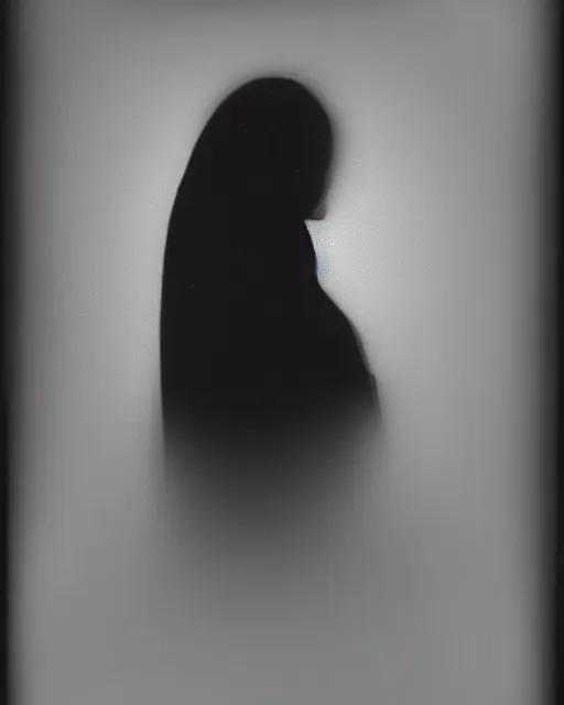 Image similar to photorealism, polaroid, black and white, female silhouette, correct facial features, black veil, noise, out of focus, long exposure