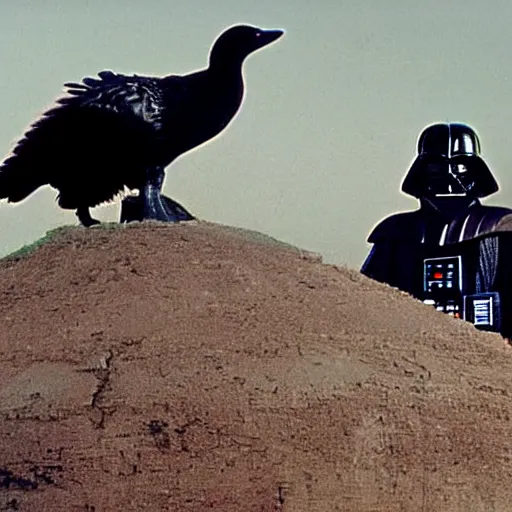 Image similar to a canada goose standing on darth Vader's shoulders in the death stat