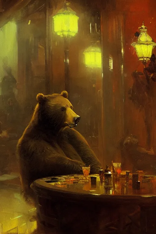 Image similar to portrait of bear gambling in the night club by anders zorn, wonderful masterpiece by greg rutkowski, beautiful cyberpunk lofi cinematic light, by greg manchess, jessica rossier