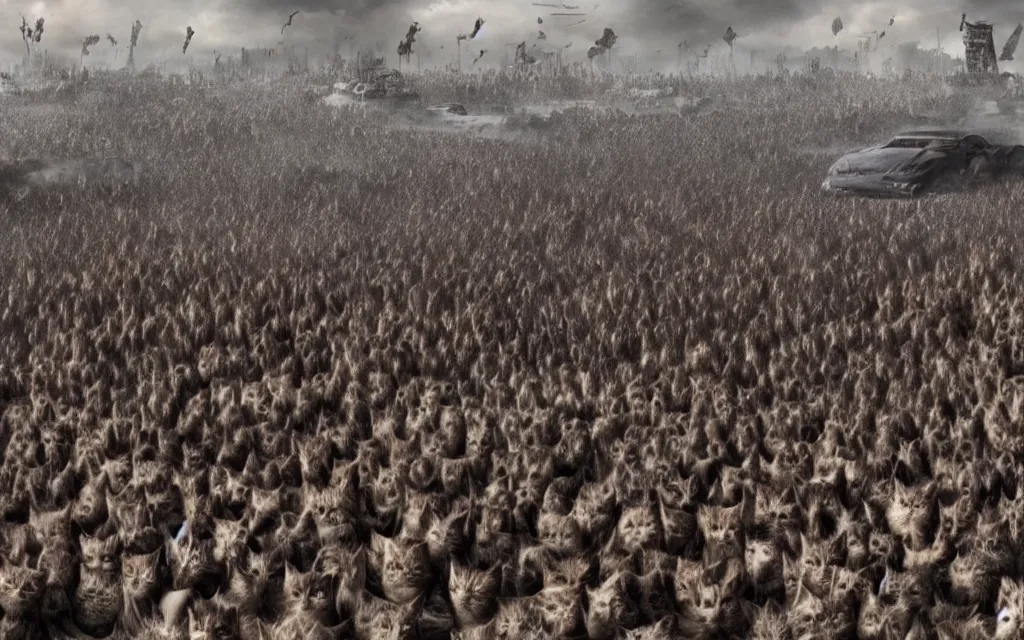 Prompt: a million cats forming a giant threatening mega cat, photorealistic render, mad max