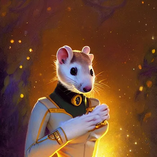 Prompt: a portrait of a female ferret in starfleet uniform at night in a dark forest. zootopia fursona furaffinity furry art detailed face painting by gaston bussiere craig mullins jc leyendecker gustav klimt artgerm greg rutkowski furry