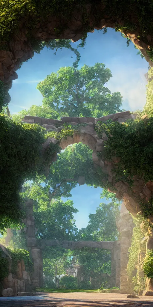 Image similar to the city of santa barbara, large ornated stone portal, beautiful composition, nature, green trees, high angle, rays of light, light dust, octane render, unreal engine, photography, 8 k