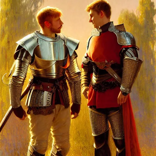 Image similar to attractive arthur pendragon and his attractive male knight, they are in love, natural lighting, path traced, highly detailed, high quality, digital painting, by gaston bussiere, craig mullins, alphonse mucha j. c. leyendecker