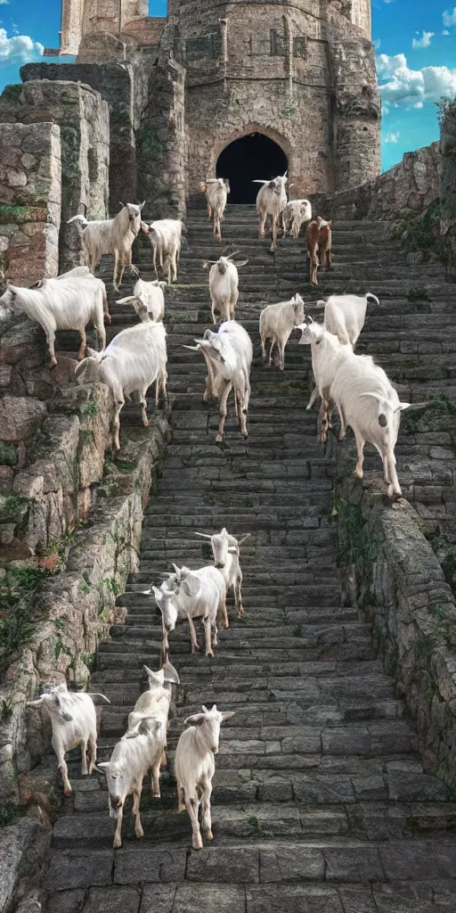 Image similar to a herd of goats! on stairs in a beautiful fantasy cathedral, medieval citadel, medieval castle, many goats, magic, tall towers, gorgeous clouds, colorful, open space, sunrays, digital painting, landscape, octane render, unreal engine, high detail, very realistic