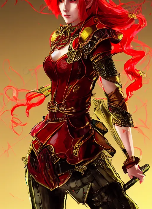 Image similar to Full body portrait of a handsome young red haired elven princess warrior wearing red, green and gold ornate leather jacket, golden tiara and an axe. In style of Yoji Shinkawa and Hyung-tae Kim, trending on ArtStation, dark fantasy, great composition, concept art, highly detailed.