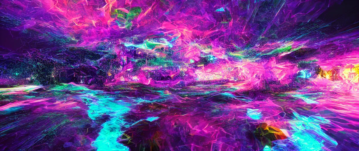 Prompt: dream landscape, houdini software simulation, glitch art, particle flow, volumetric object, physical particles, translucence, cinematic lighting, iridescence, by ash thorpe