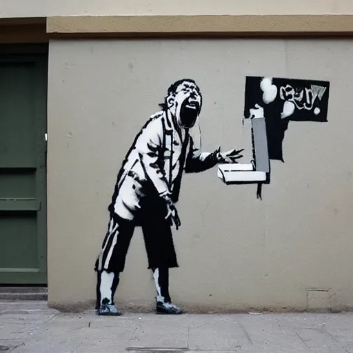 Image similar to a banksy style street art of a physician screaming at a computer