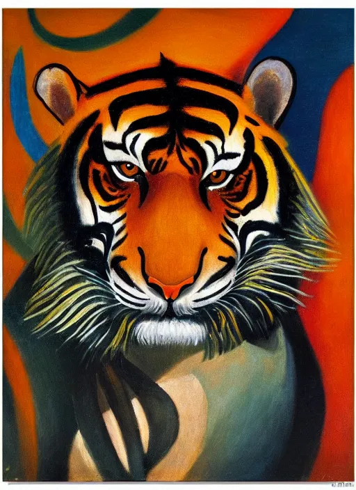 Prompt: an oil painting of a tiger, by Ernst Wilhelm Nay, symbolist, soft colors, dramatic lighting, smooth, sharp focus, extremely detailed, aesthetically pleasing composition