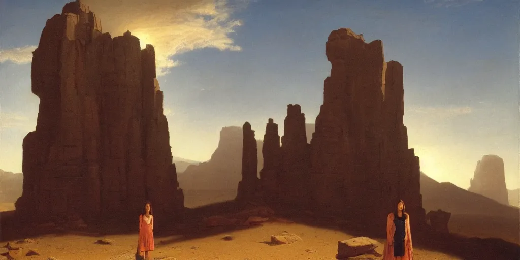 Prompt: a young girl stands next to a rock colossus, shadow of the colossus, in front of a temple, in a large desert cave, dramatic lighting, hudson river school