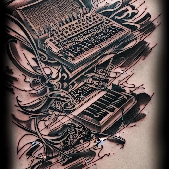 Image similar to full, zoomed out, american traditional abstract tattoo art of a keyboard, concept art, baroque, fine detail, sheet paper