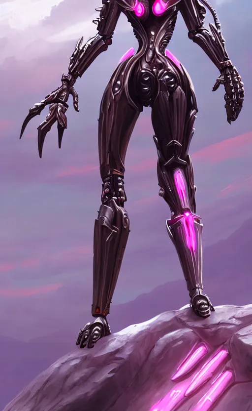 Image similar to extremely detailed giantess shot, close front shot, of a goddess that's a giant beautiful stunning anthropomorphic robot female dragon, standing majestically on a mountain, elegant pose, robot dragon claws, streamlined pink armor, detailed sharp metal claws, thick warframe thighs, long elegant tail, detailed warframe fanart, destiny fanart, high quality digital art, giantess art, furry art, warframe art, Destiny art, furaffinity, DeviantArt, artstation, 8k HD, octane render