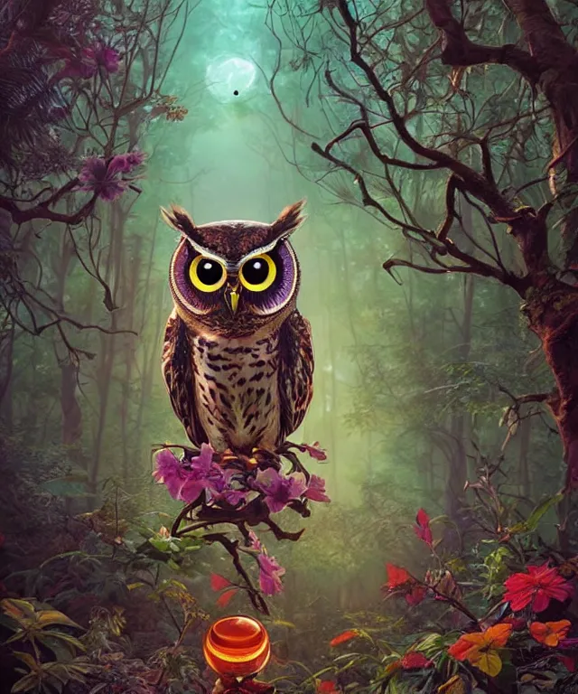 Prompt: a single realistic owl, flying in a psychedelic forest, wide angle landscape shot, pixar style by tristan eaton, artgerm and tom bagshaw